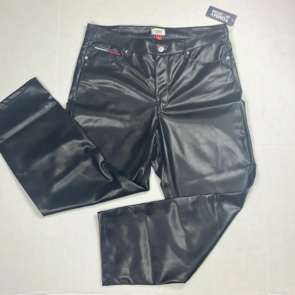 TOMMY JEANS Women's Mid-Rise Faux-Leather Straight-Leg Pants Sz 32